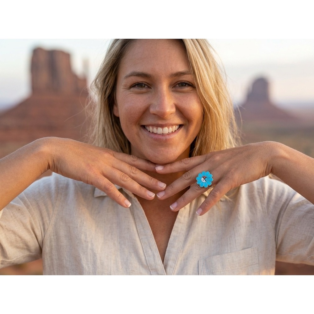 Handmade Zuni Cluster Ring Size 6.75US - Women's‎ Southwest Jewelry Signed**